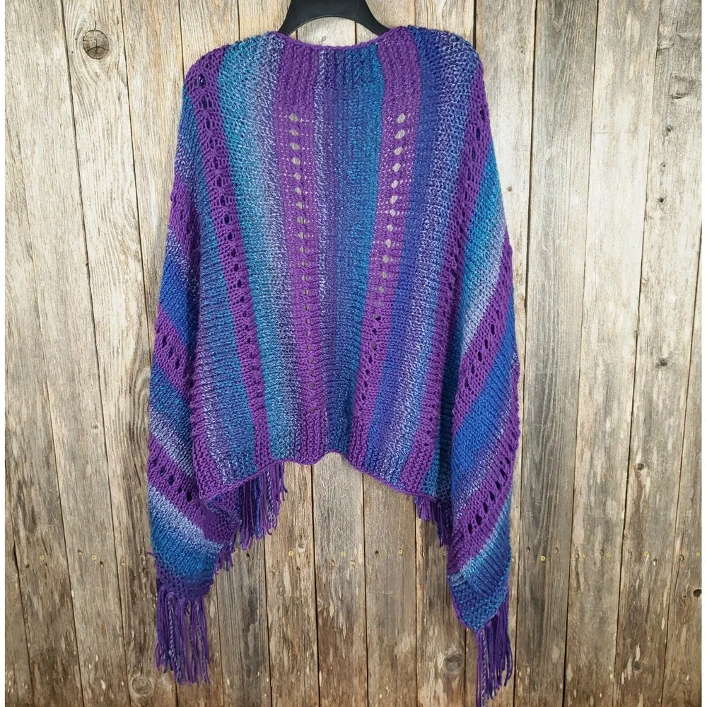 NEW Blue Purple Eyelet Hand Knit Shawl Wrap‎ Boho Festival Artsy Indie Coastal